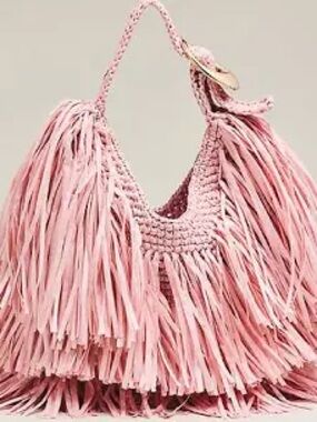 Anthropology.NWT.Pink Crochet and Fringed Hobo Bag. Inside Snap.Gold Hardware.